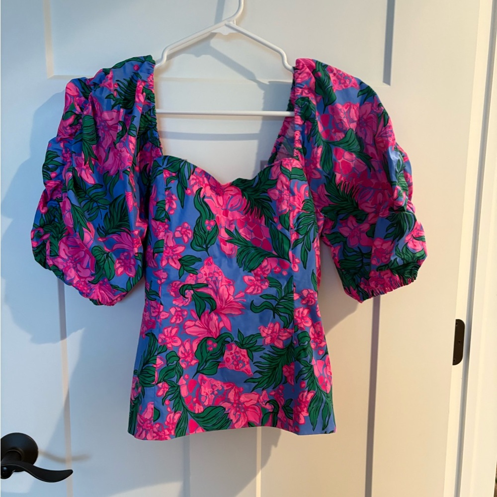 Floral Puff Sleeve Top - Pink and Green